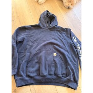 Carhartt Mens K288 Navy Blue Logo Sleeve Hoodie Original Fit Sweatshirt 2XL #110